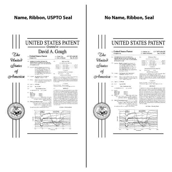 Patent Plaque Layout Options Showing Name, Ribbon, USPTO Seal Or No Name, Ribbon, Seal.