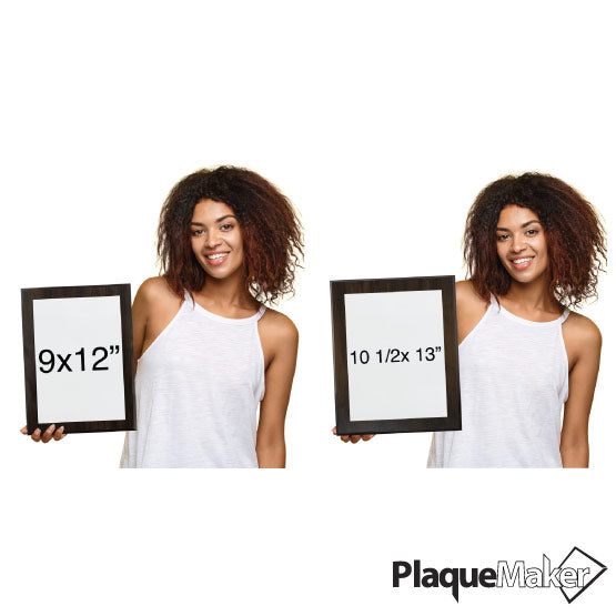 Size Guide Showing Size Comparison Of Woman Holding Available Sizes Of Patent Plaques - 9x12" and 10.5x13".