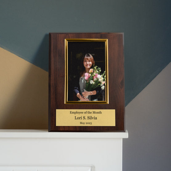 Custom Picture Frame Plaque Award For Employee Of The Month With Employee Photo And Gold Plate And Wood Board On Shelf
