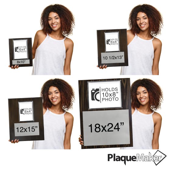 Size Guide With Happy Woman Holding Four Different Sizes Of Custom Picture Frame Plaques With Wood Boards