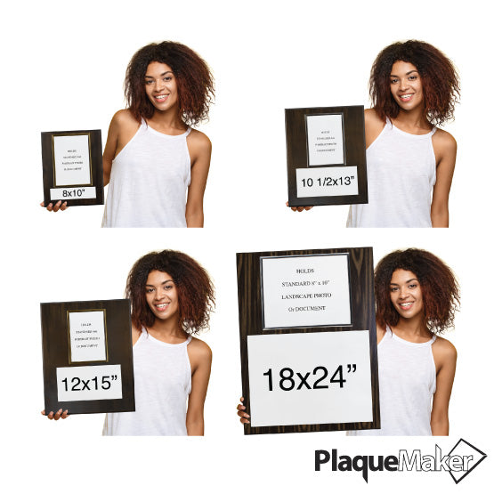 Size Guide With Happy Woman Holding Four Different Sizes Of Custom Picture Frame Plaques With Wood Boards
