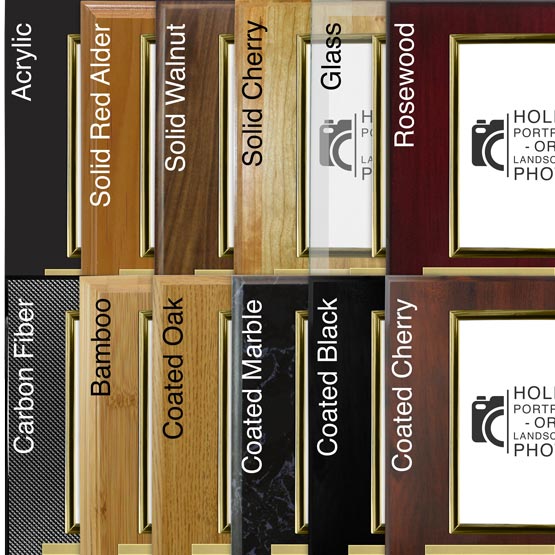 Comparison of a variety of boards with gold picture frame and gold aluminum metal.