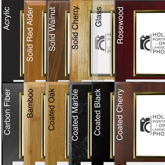 Comparison of a variety of boards with gold picture frame and white aluminum metal.