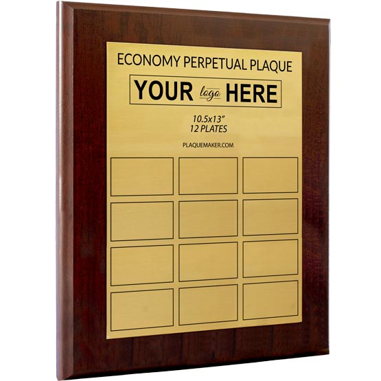 Custom Economy Perpetual Plaque With Gold Plate And Wood Board Showing Customizable Areas For Company Logo And Names