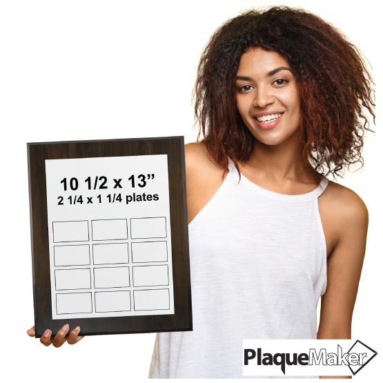 Size Guide With Woman Holding Custom Economy Perpetual Plaque With Wood Board And Silver Aluminum Plate