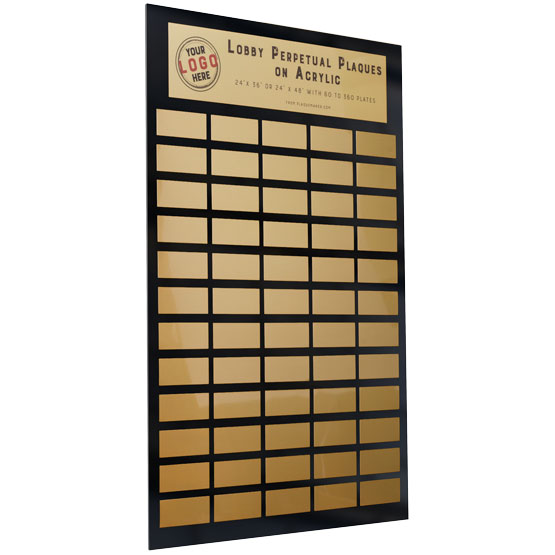 Custom Lobby Perpetual Plaque With Dozens Of Gold Plates On Black Acrylic Board Showing Customizable Areas
