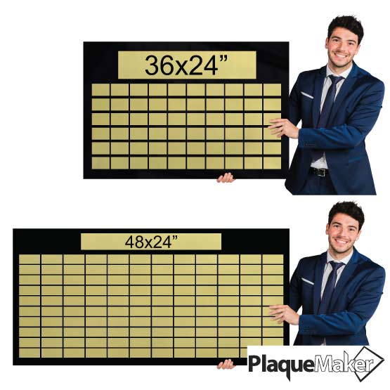 Size Guide With Man Holding Two Different Sizes Of Custom Lobby Perpetual Plaques