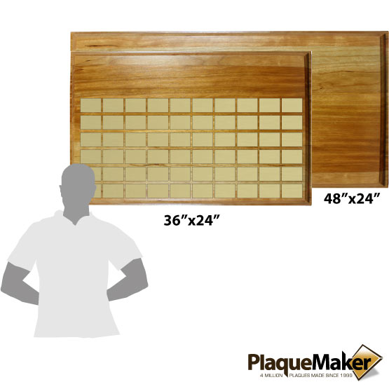 Size Guide With Blank Figure Standing Below Two Different Sizes of Custom Lobby Plaques With Metal Plates On Wood Boards