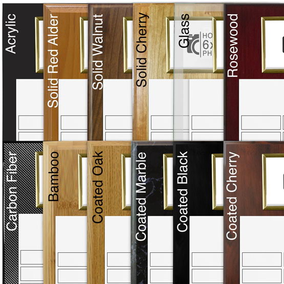 Comparison of board options with white aluminum metal and gold frame.