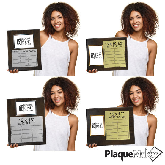 Size Guide With Woman Holding Different Sizes Of Silver And Gold Aluminum Perpetual Award Plaques 