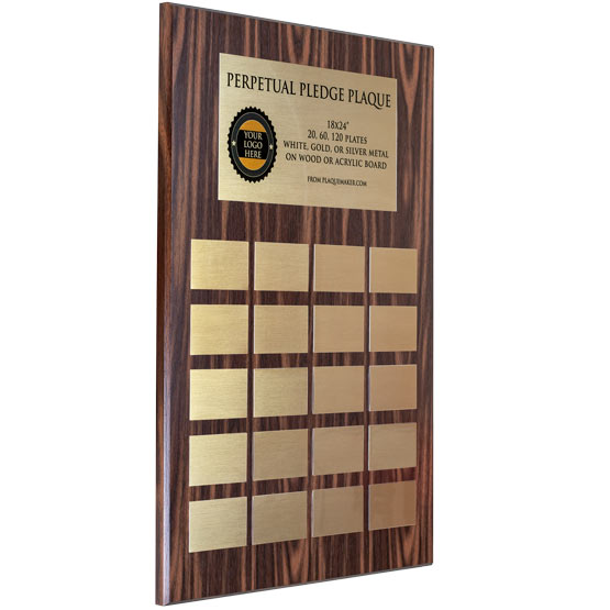 Custom Perpetual Pledge Plaque With Gold Plates And Wood Board Showing Customizable Areas For Company Logo And Names