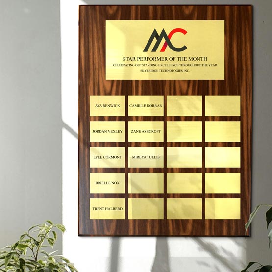Custom Perpetual Pledge Plaque Award For Star Performers With Gold Plates And Board Hanging On Wall
