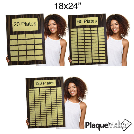 Size Guide With Woman Holding Different Sizes Of Custom Perpetual Pledge Plaques With Gold Plates And Wood Boards