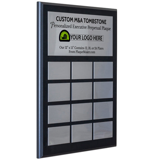 A custom M&A Tombstone personalized executive perpetual plaque with a black board and twelve blank silver metal plates, set on a white background.