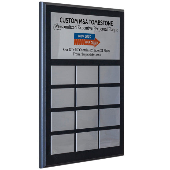 A custom M&A Tombstone personalized executive perpetual plaque with a black board and twelve blank silver metal plates, set on a white background.