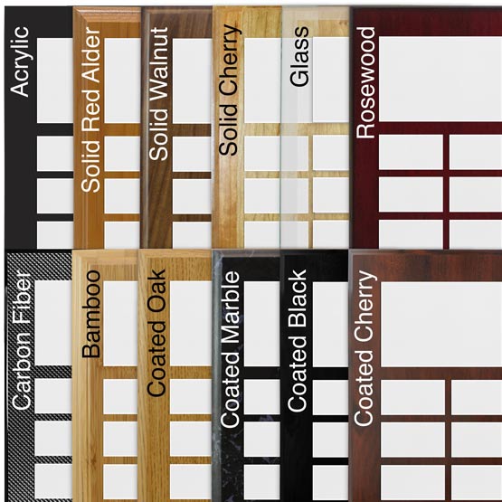 Comparison of various board options with white aluminum metal.