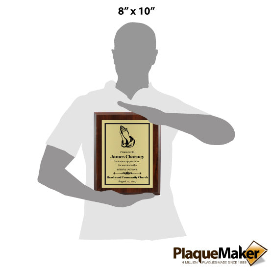 Size Guide With Blank Figure Holding A Custom Aluminum Plaque For Religious Achievement With Gold Plate And Wood Board