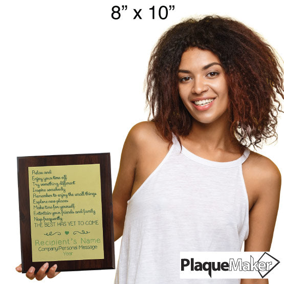 Size Guide With Happy Woman Holding A Custom Gold Aluminum Plaque With Retirement Acronym Message On A Wood Board