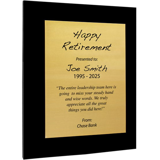 Custom Gold Aluminum Plaque With Black Acrylic Board And Printed With Happy Retirement Message Against White Background