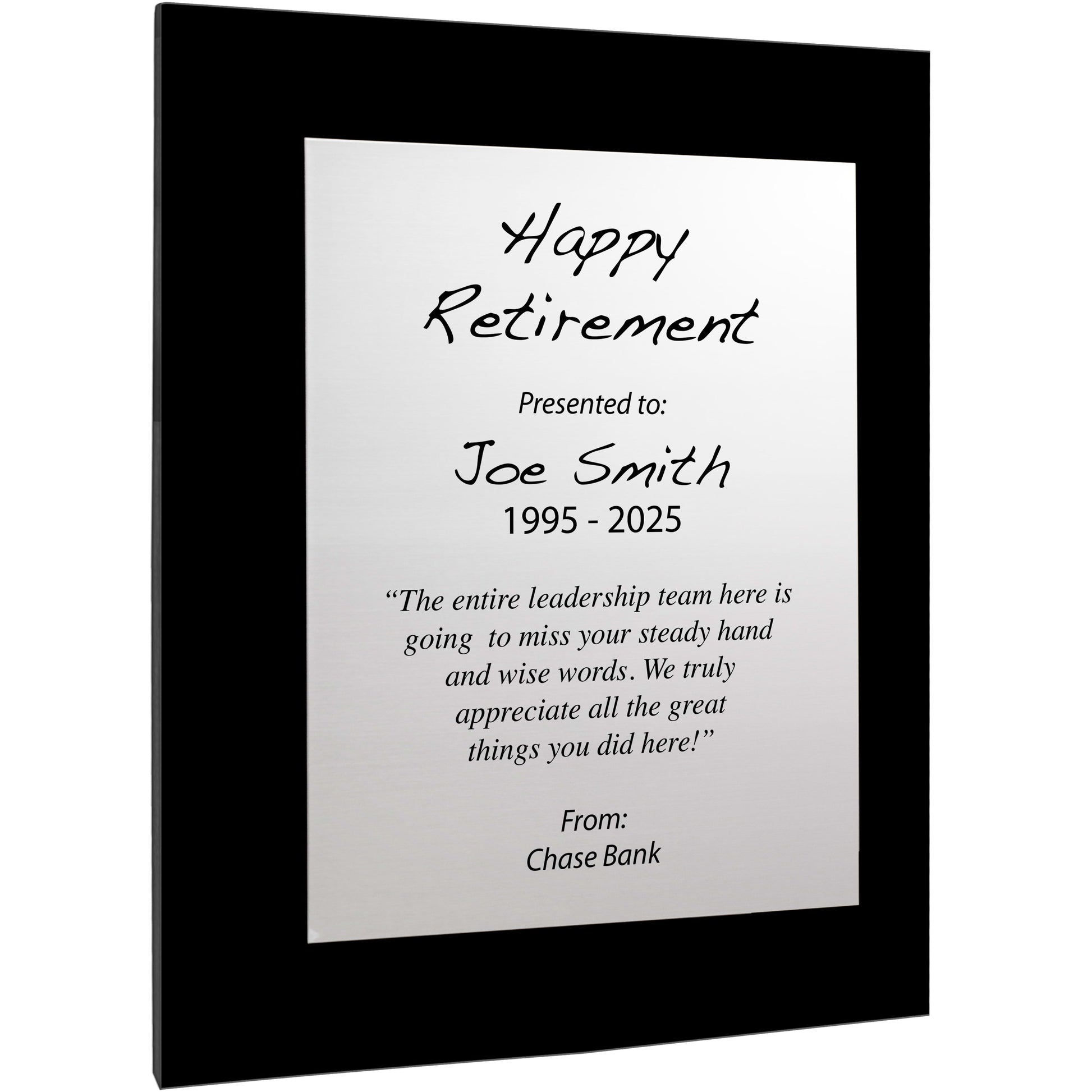 Custom Silver Aluminum Plaque With Black Acrylic Board And Printed With Happy Retirement Message Against White Background
