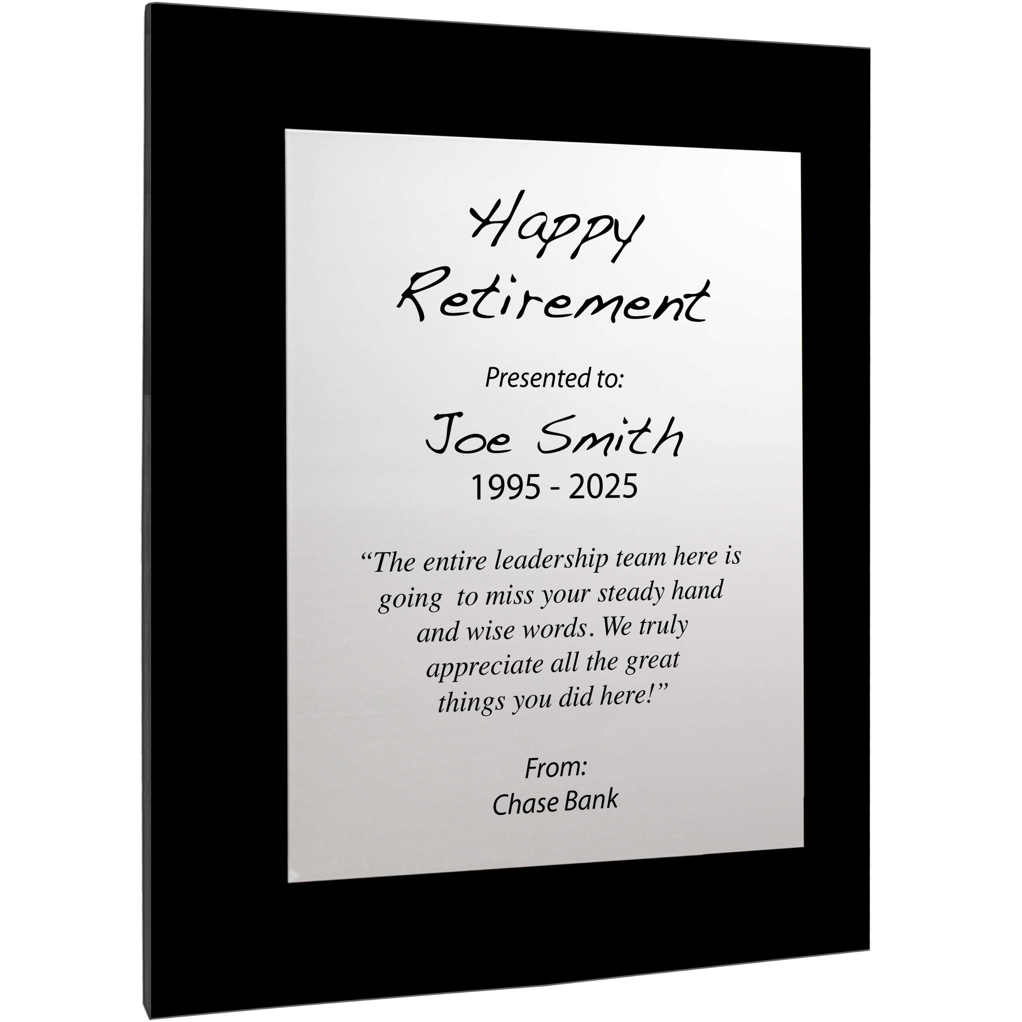 Custom Silver Aluminum Plaque With Black Acrylic Board And Printed With Happy Retirement Message Against White Background