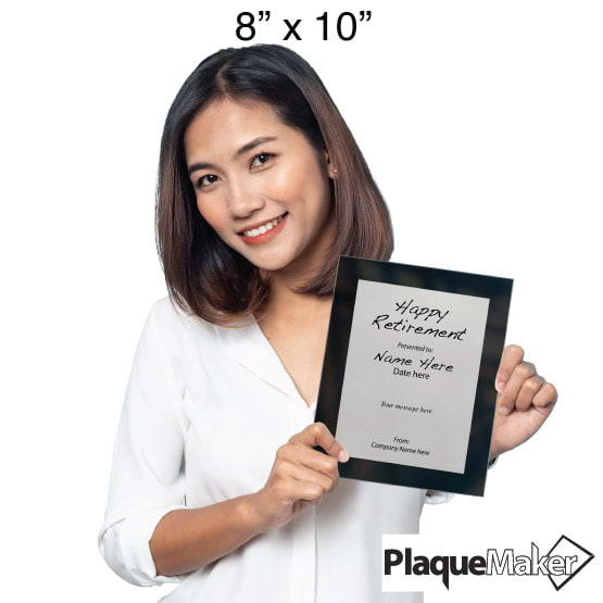 Size Guide With Woman Holding 8 By 10 Silver Aluminum Plaque With Black Acrylic Board And Printed Happy Retirement Message