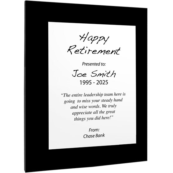 Custom White Aluminum Plaque With Black Acrylic Board And Printed With Happy Retirement Message Against White Background