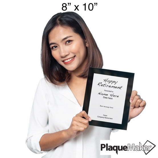 Size Guide With Woman Holding 8 By 10 White Aluminum Plaque With Black Acrylic Board And Printed Happy Retirement Message