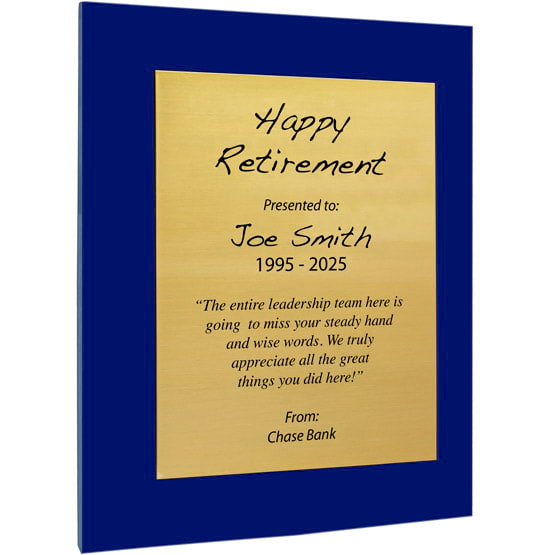 Custom Gold Aluminum Plaque With Blue Acrylic Board And Printed With Happy Retirement Message Against White Background