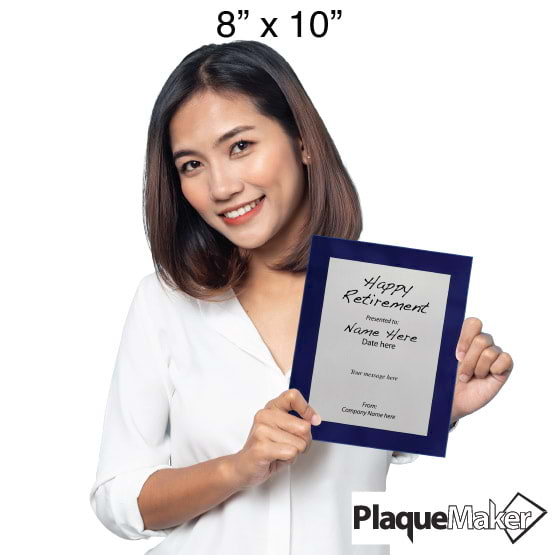Size Guide With Woman Holding 8 By 10 Silver Aluminum Plaque With Blue Acrylic Board And Printed Happy Retirement Message