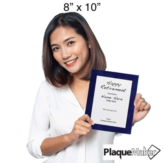 Size Guide With Woman Holding 8 By 10 White Aluminum Plaque With Blue Acrylic Board And Printed Happy Retirement Message