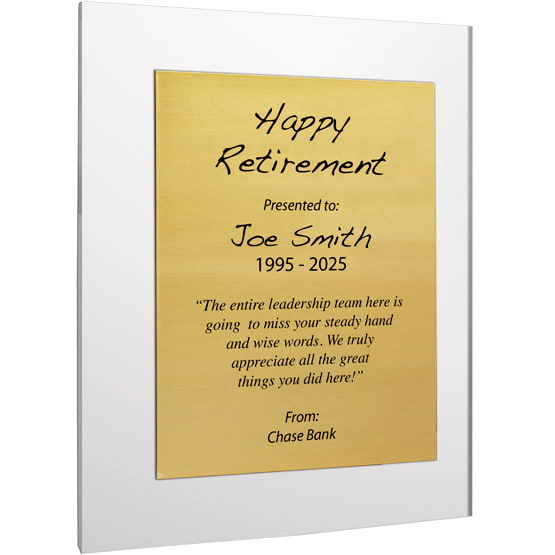 Custom Gold Aluminum Plaque With Clear Acrylic Board And Printed With Happy Retirement Message Against White Background