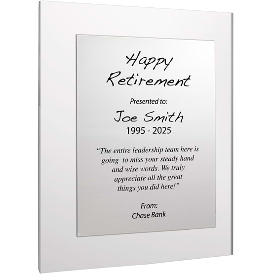 Custom Silver Aluminum Plaque With Clear Acrylic Board And Printed With Happy Retirement Message Against White Background