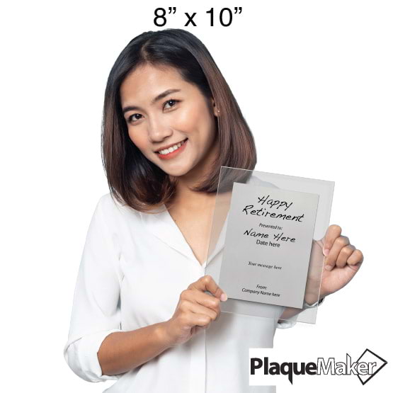 Size Guide With Woman Holding 8 By 10 Silver Aluminum Plaque With Clear Acrylic Board And Printed Happy Retirement Message