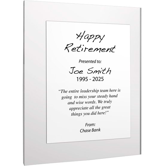 Custom White Aluminum Plaque With Clear Acrylic Board And Printed With Happy Retirement Message Against White Background
