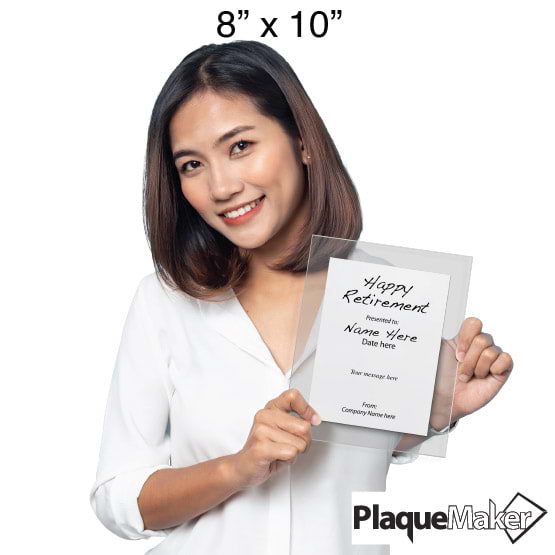 Size Guide With Woman Holding 8 By 10 White Aluminum Plaque With Clear Acrylic Board And Printed Happy Retirement Message