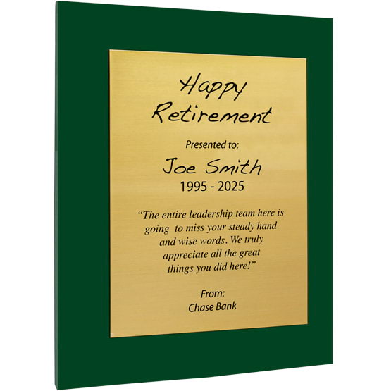 Custom Gold Aluminum Plaque With Green Acrylic Board And Printed With Happy Retirement Message Against White Background