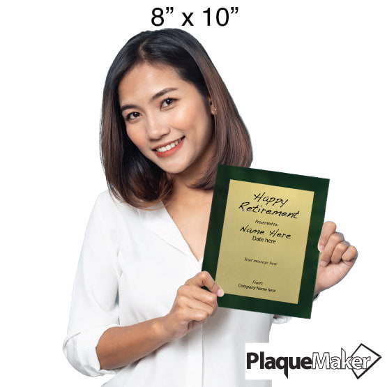 Size Guide With Woman Holding 8 By 10 Gold Aluminum Plaque With Green Acrylic Board And Printed Happy Retirement Message
