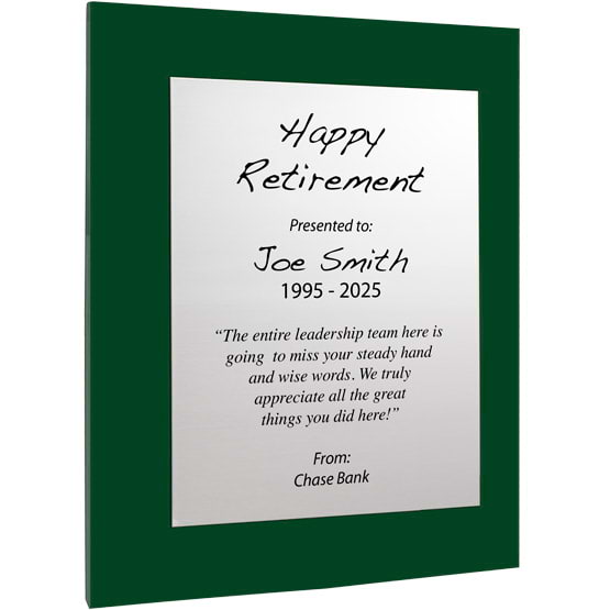 Custom Silver Aluminum Plaque With Green Acrylic Board And Printed With Happy Retirement Message Against White Background