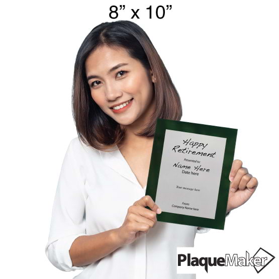 Size Guide With Woman Holding 8 By 10 Silver Aluminum Plaque With Green Acrylic Board And Printed Happy Retirement Message