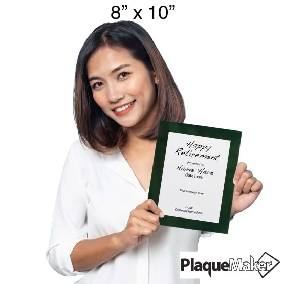 Size Guide With Woman Holding 8 By 10 White Aluminum Plaque With Green Acrylic Board And Printed Happy Retirement Message