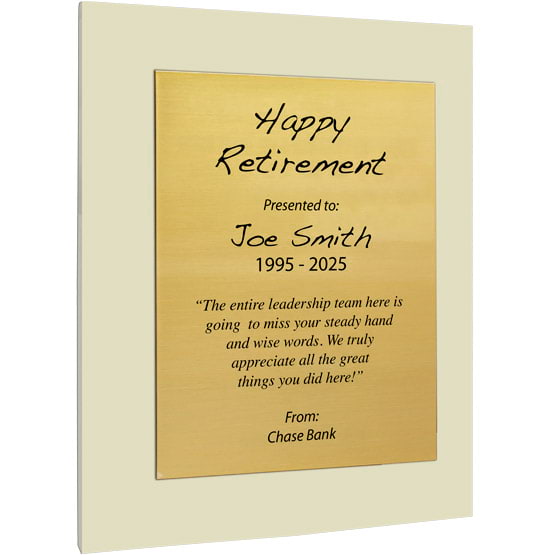 Custom Gold Aluminum Plaque With Ivory Acrylic Board And Printed With Happy Retirement Message Against White Background