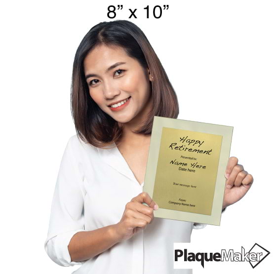 Size Guide With Woman Holding 8 By 10 Gold Aluminum Plaque With Ivory Acrylic Board And Printed Happy Retirement Message