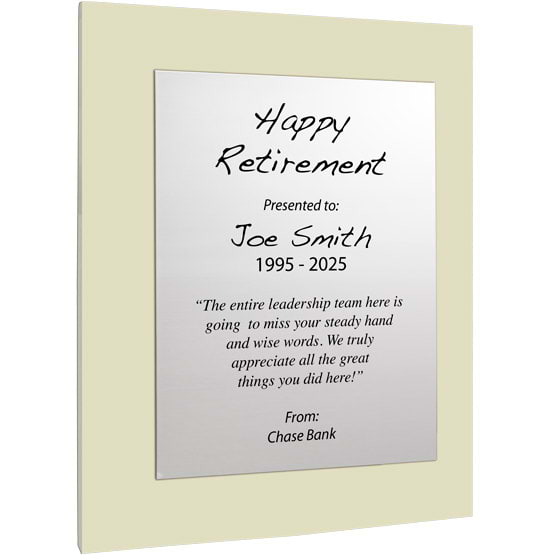 Custom Silver Aluminum Plaque With Ivory Acrylic Board And Printed With Happy Retirement Message Against White Background