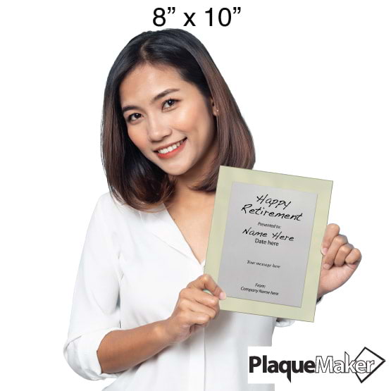 Size Guide With Woman Holding 8 By 10 Silver Aluminum Plaque With Ivory Acrylic Board And Printed Happy Retirement Message