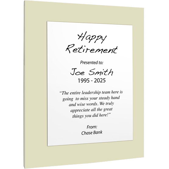 Custom White Aluminum Plaque With Ivory Acrylic Board And Printed With Happy Retirement Message Against White Background