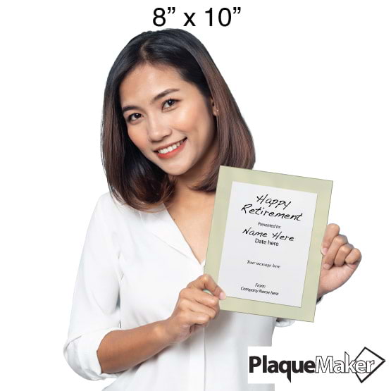 Size Guide With Woman Holding 8 By 10 White Aluminum Plaque With Ivory Acrylic Board And Printed Happy Retirement Message