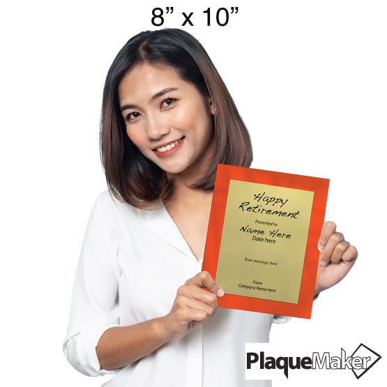 Size Guide With Woman Holding 8 By 10 Gold Aluminum Plaque With Orange Acrylic Board And Printed Happy Retirement Message