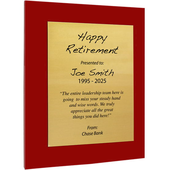 Custom Gold Aluminum Plaque With Red Acrylic Board And Printed With Happy Retirement Message Against White Background