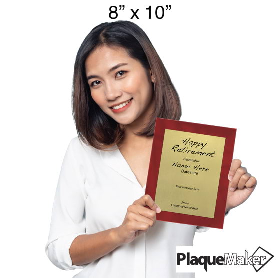 Size Guide With Woman Holding 8 By 10 Gold Aluminum Plaque With Red Acrylic Board And Printed Happy Retirement Message